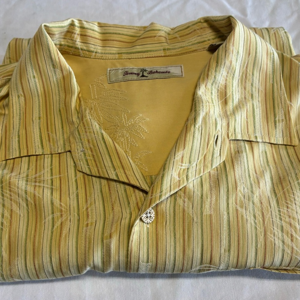 Tommy Bahama Shirt Yellow Silk‎ Cotton Stripe Hawaiian Palm Trees Camp